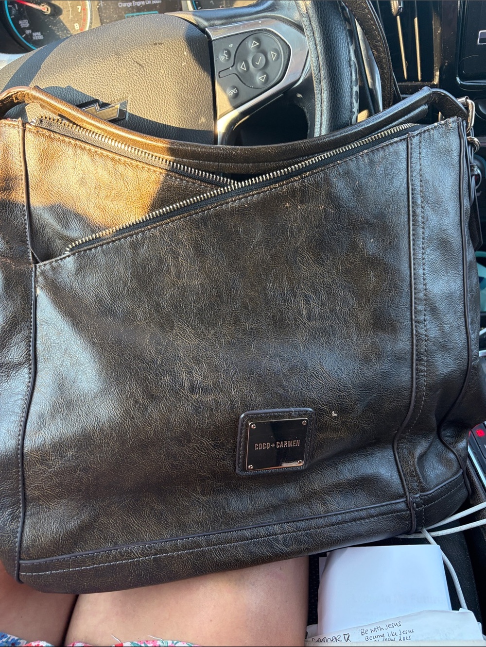 Coco + Carmen Dark Brown Leather Messenger Bag with Front Zip Pocket